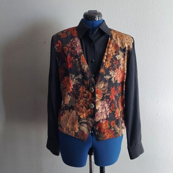 Vintage Attached Vest Top 90s Blouse Button Up Shirt Floral Print Long Sleeve M - Picture 1 of 10